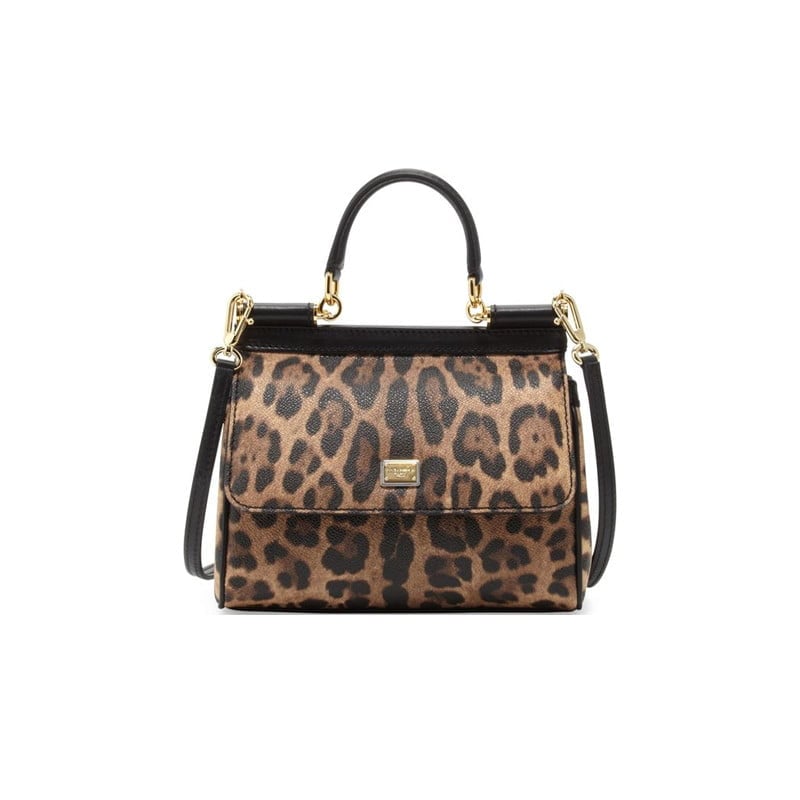 Dolce & Gabbana Small Sicily Bag In Shiny Leopard Print Leather in Brown