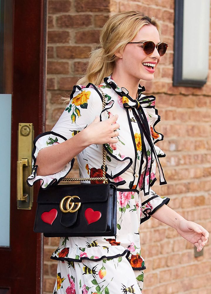 Margot Robbie Steps Out In 6 - Gucci Baby Gucci Cherry Print Cotton  One-piece - Inch Gucci Platform Pumps – Rvce News