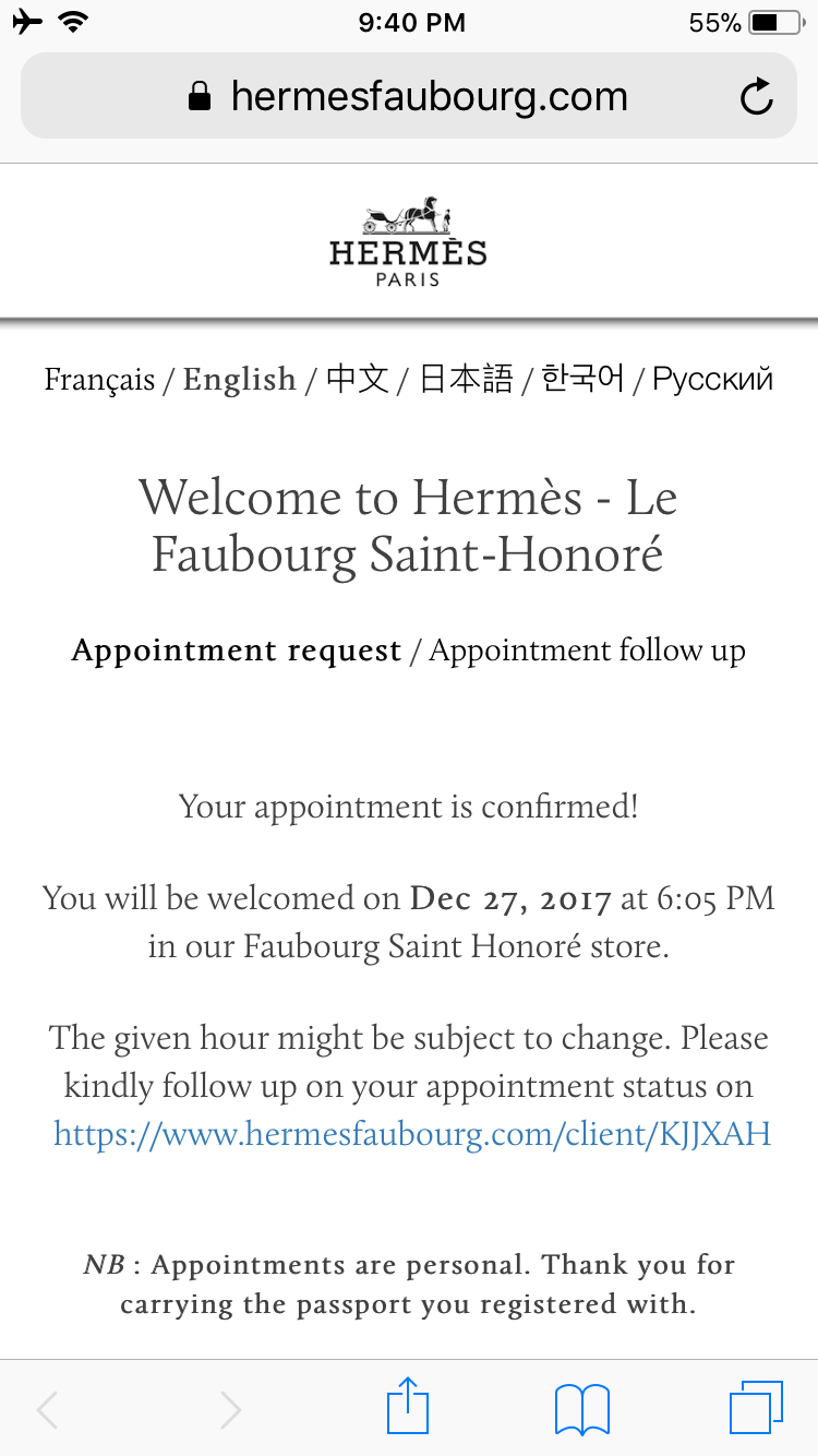 hermes appointment website