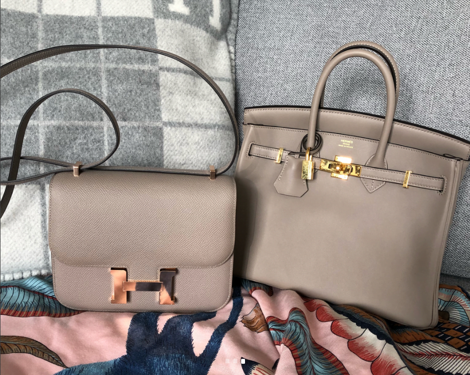 Hermès color #comparison - #Birkin30 in #GrisAsphalte, #Constance18 in #Etain  and #Bern wallet in #Etoupe.