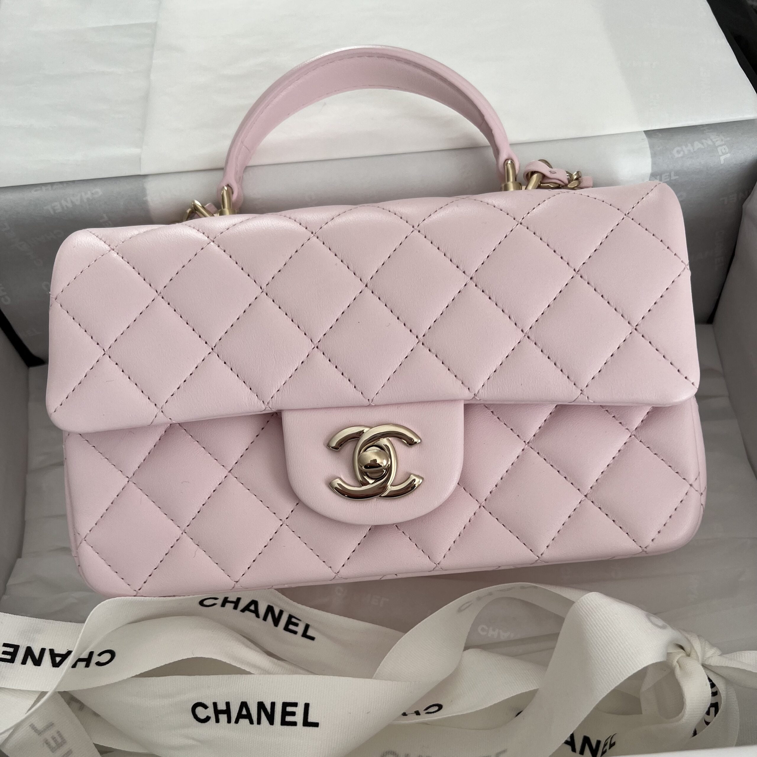 Chanel Mini Flap Bag With Top Handle Light Pink in Lambskin