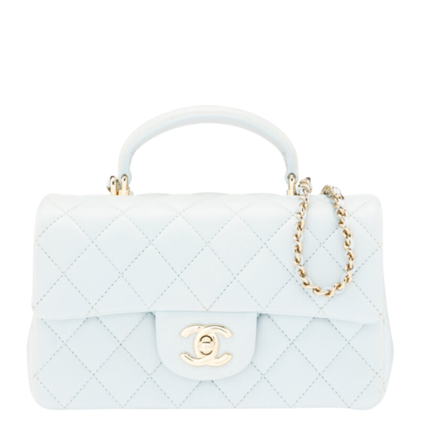 Chanel Light Blue Quilted Lambskin Leather Mini Top Handle