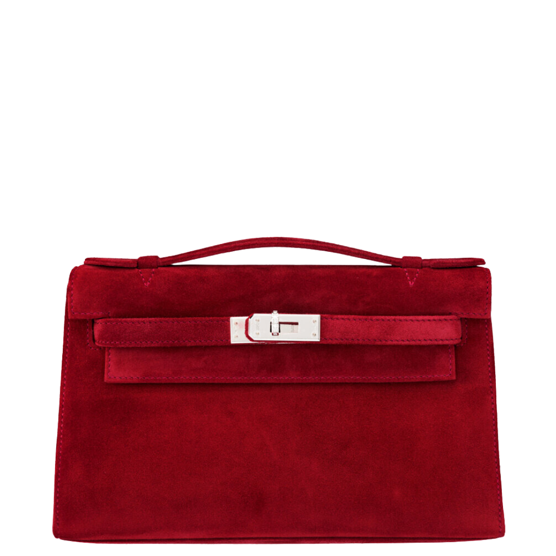 Hermès Exceptional Collection Rubis Veau Doblis Suede Diamond Kelly Pochette with 18k White Gold & Diamond