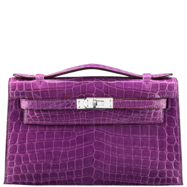 Hermès Exceptional Collection Shiny Violet Niloticus Crocodile Diamond Kelly Pochette with 18k White Gold & Diamond