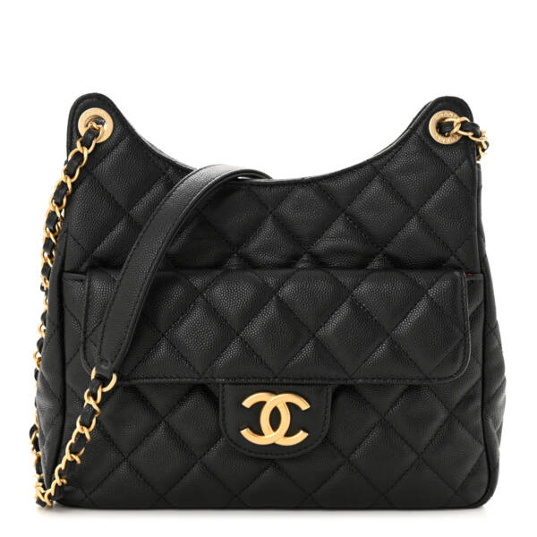 CHANEL Caviar Quilted Wavy CC Hobo Black