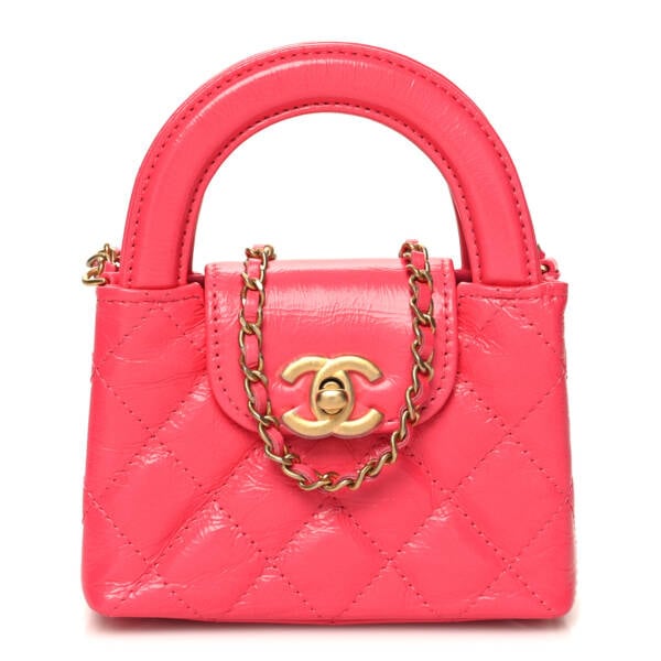 CHANEL Shiny Aged Calfskin Quilted Mini Nano Kelly Shopper Dark Pink