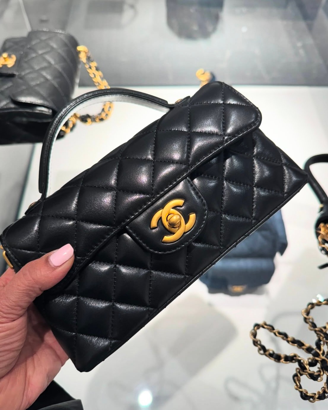 Chanel 25P Black Shiny Lambskin Mini Top Handle