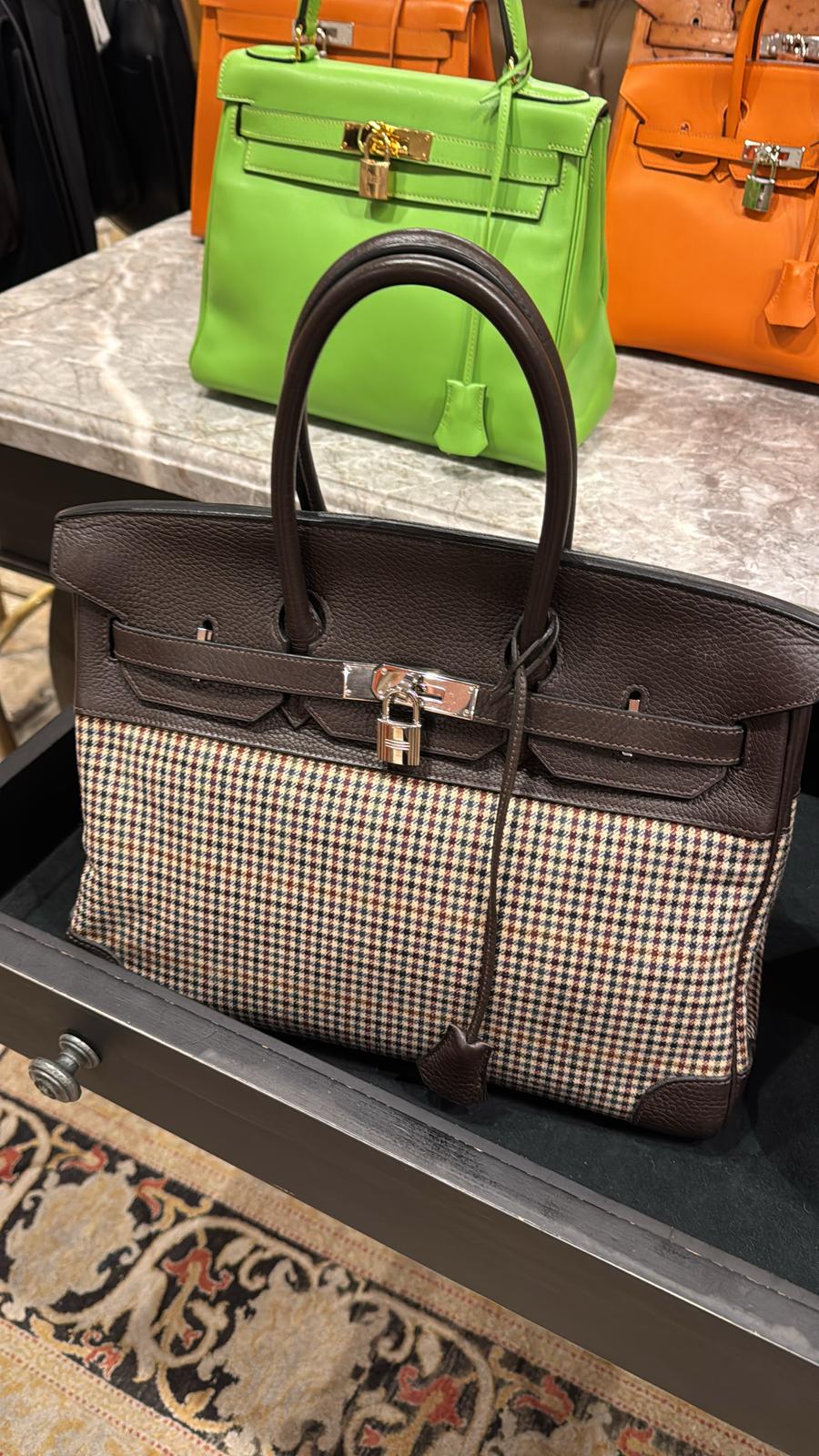 Hermès Birkin 35 houndstooth tartan plaid wool Ebene