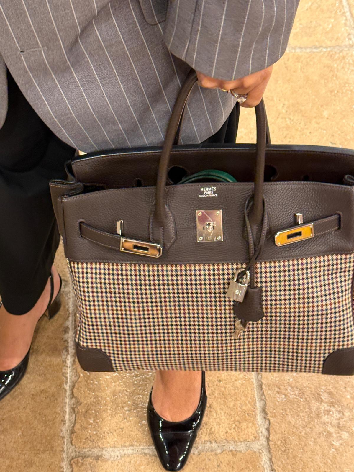 Hermès Birkin 35 houndstooth tartan plaid wool Ebene