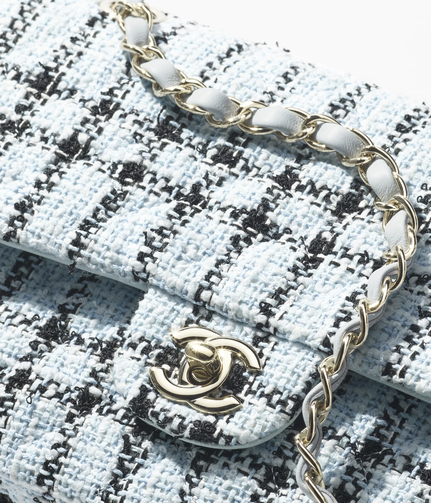 chanel 11.12 light blue check tweed classic handbag