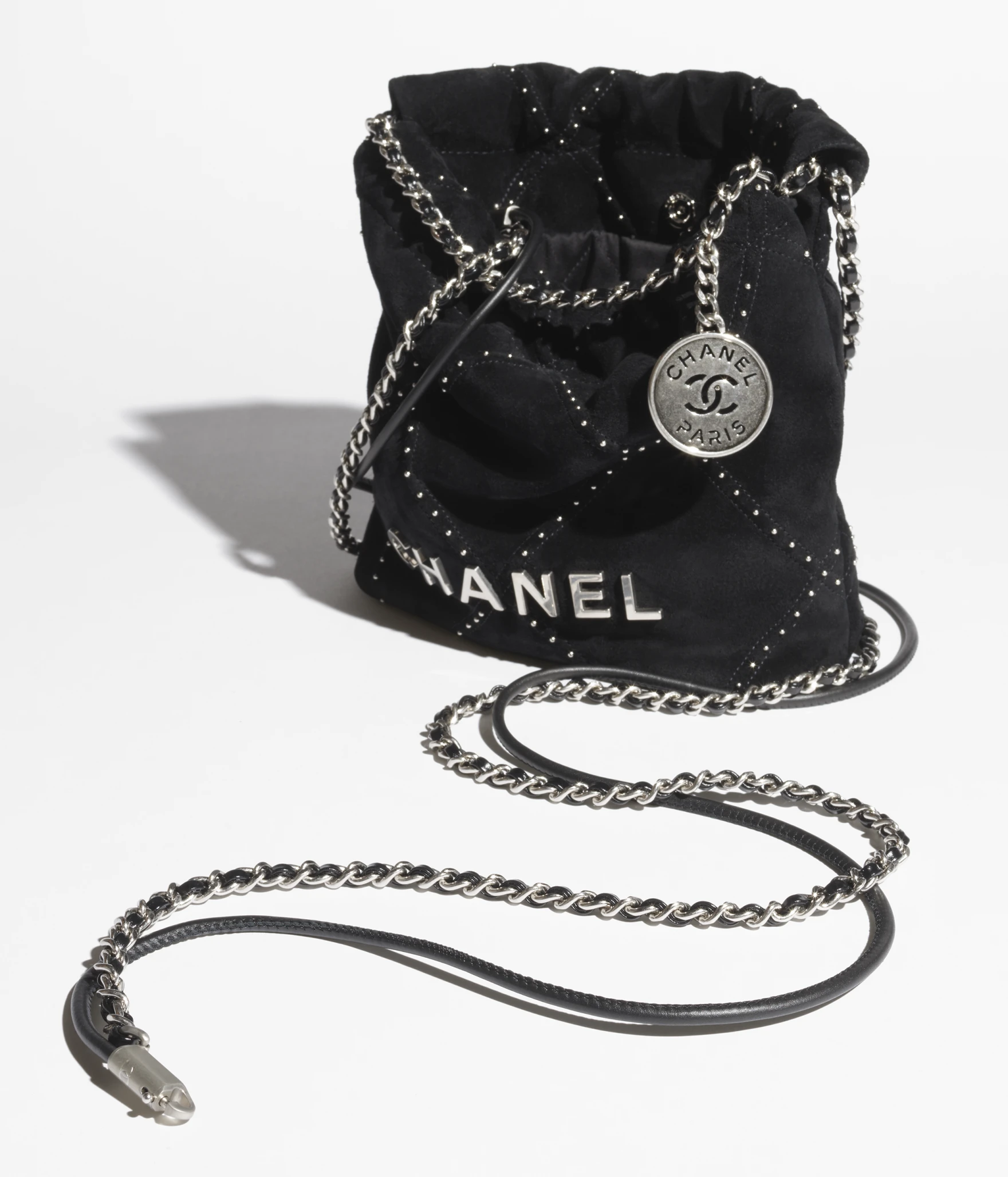 Mini Chanel 22 black studded suede 25S