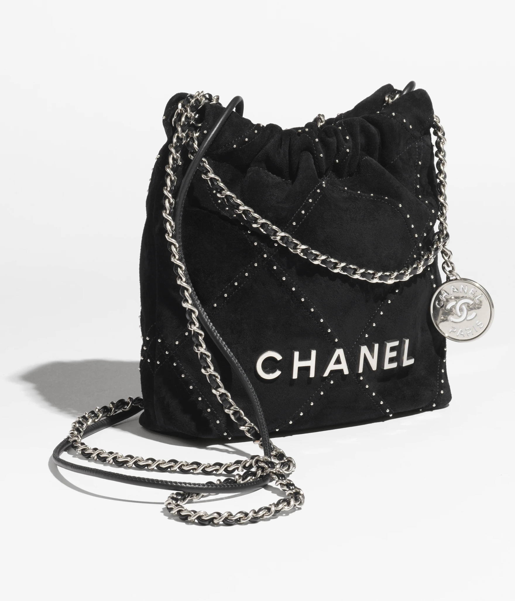 Mini Chanel 22 black studded suede 25S